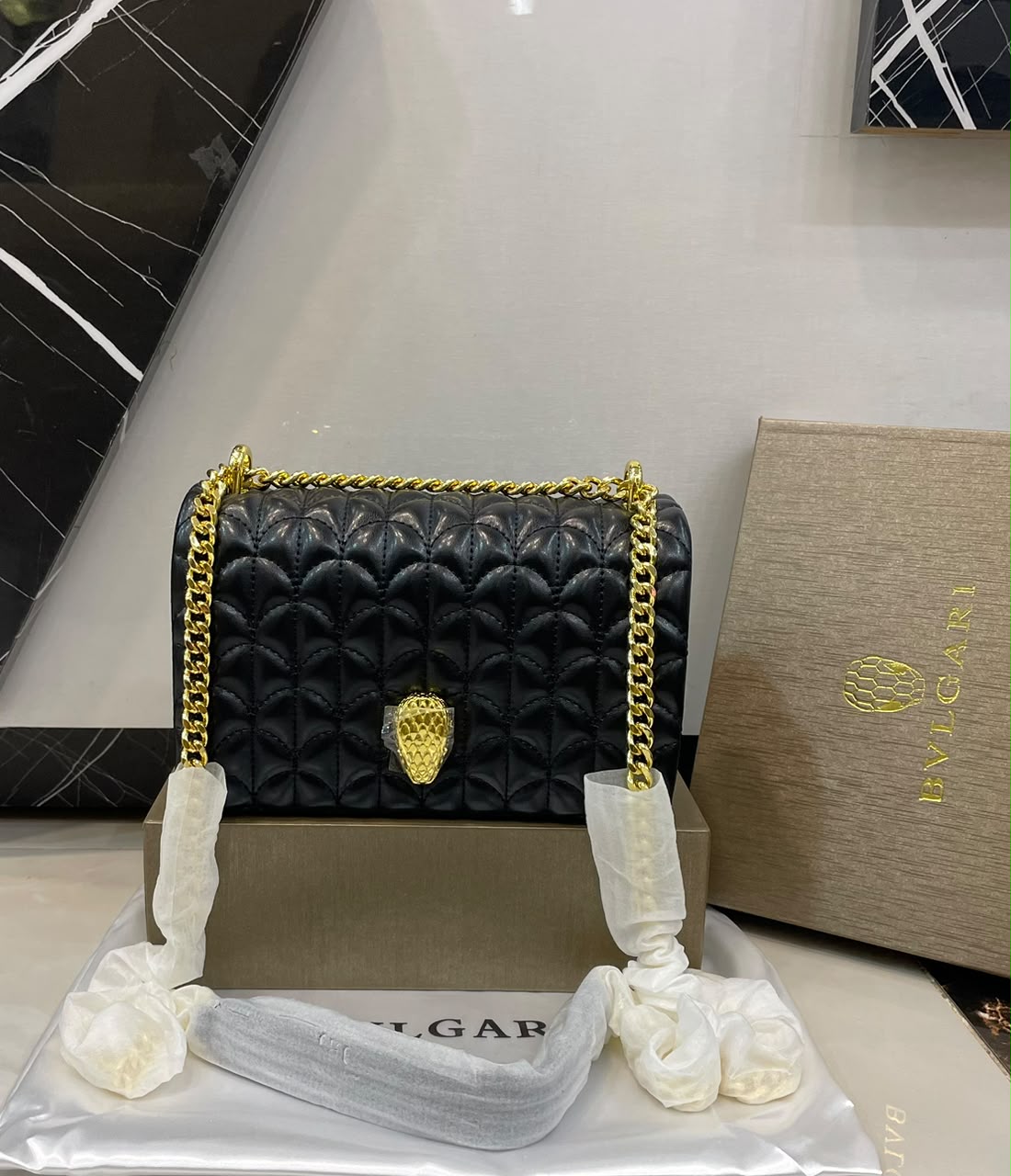 B-V-L-G-A-R-I Serpenti Sugarloaf Quilted Shoulder Bag – Master Quality | Box Packaging | Black