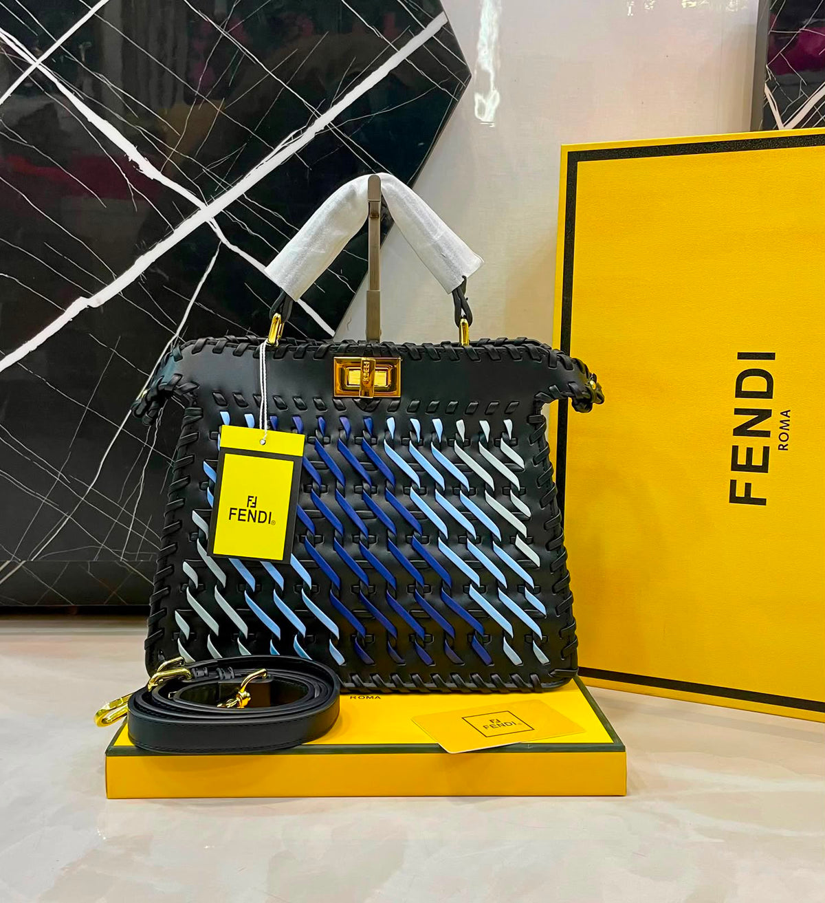 F-E-N-D-I R-O-M-A Peekaboo ISeeU Interwoven Bag – Premium Quality Women Bag | Magnetic Box | Black with Mix Colors