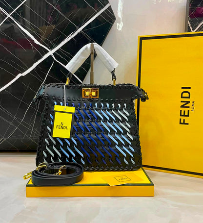 F-E-N-D-I R-O-M-A Peekaboo ISeeU Interwoven Bag – Premium Quality Women Bag | Magnetic Box | Black with Mix Colors