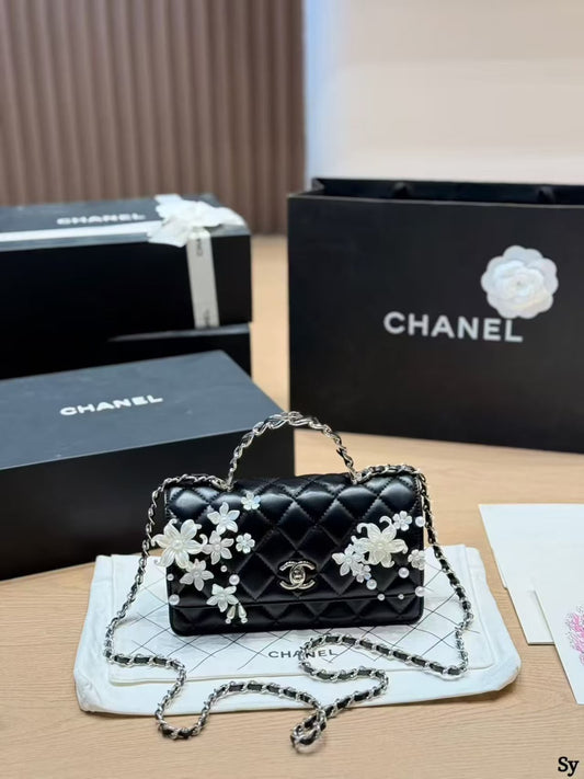C-H-A-N-E-L Handbag – Premium Quality | Floral Appliqué & Pearl Detailing (Black & White)
