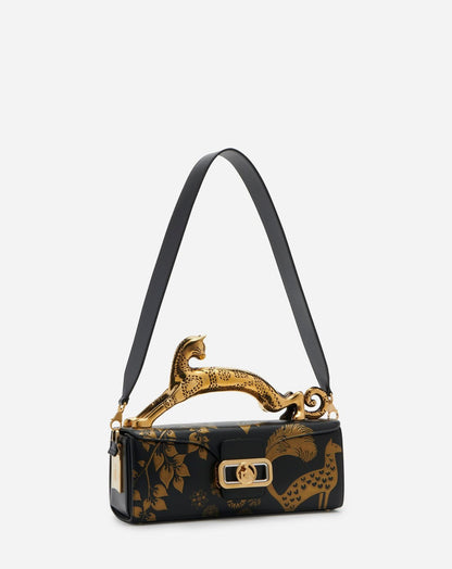 L-A-N-V-I-N Women’s Rateau Pencil Cat Leather Shoulder Bag – Luxury Mini Handbag (Black Gold)