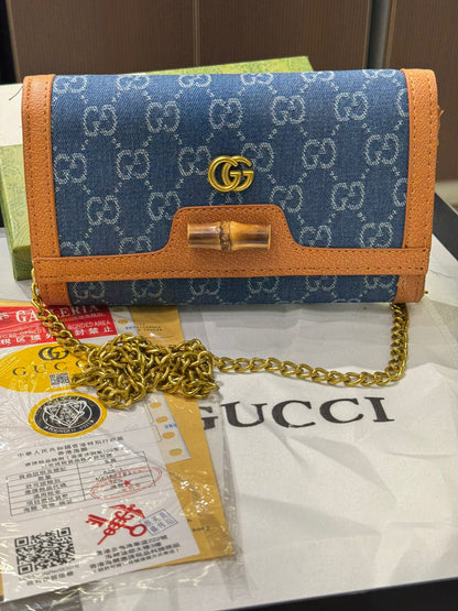 G-U-C-C-I DIANA BAMBOO GG ON CHAIN DENIM – Women Bag (Blue with Brown)