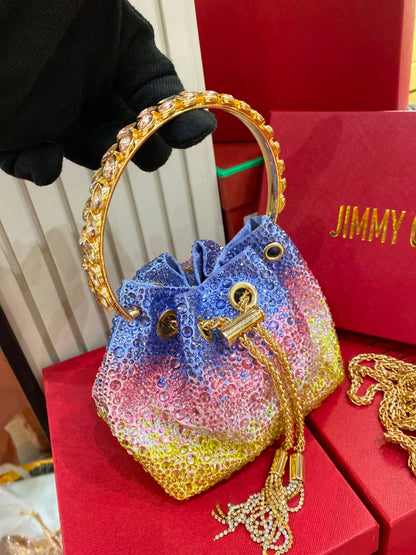 J-I-M-M-Y C-H-O-O Bon Bon Deep Merlot Satin & Crystal Hotfix Bucket Bag (Blue with Multi Colors)