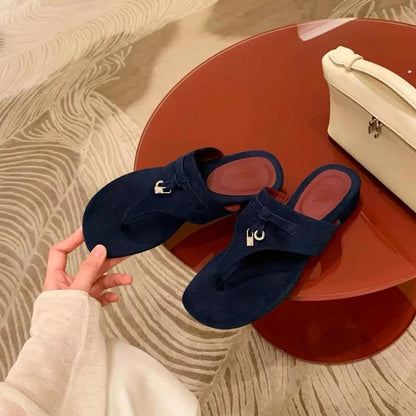 Loro Piana Summer Charms Walk Suede Thong Sandals – Premium Women Footwear (Navy Blue)