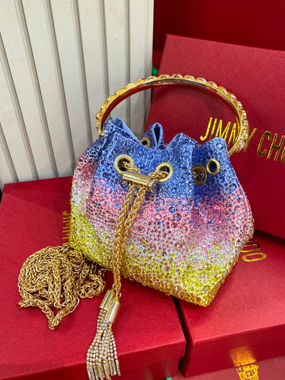 J-I-M-M-Y C-H-O-O Bon Bon Deep Merlot Satin & Crystal Hotfix Bucket Bag (Blue with Multi Colors)