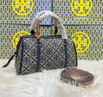 T-O-R-Y B-U-R-C-H T Monogram Petite Barrel Bag – Women Mini Crossbody Bag (Blue with Off White)