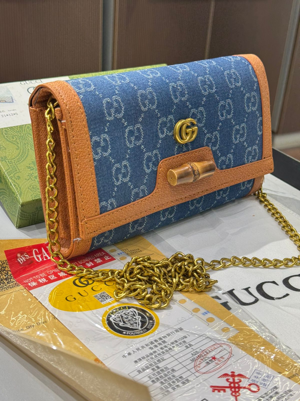 G-U-C-C-I DIANA BAMBOO GG ON CHAIN DENIM – Women Bag (Blue with Brown)