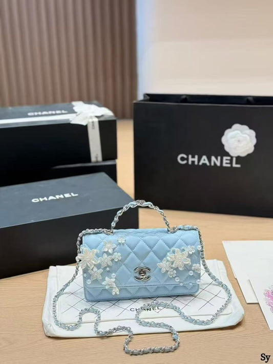 C-H-A-N-E-L Handbag – Premium Quality | Floral Appliqué & Pearl Detailing (Blue & White)