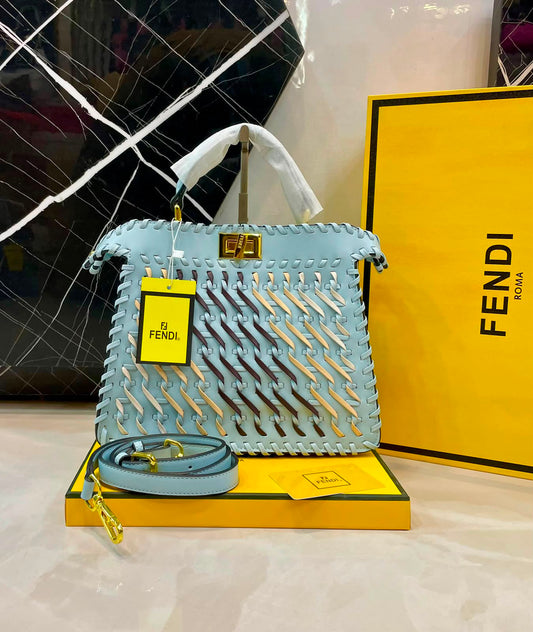 F-E-N-D-I R-O-M-A Peekaboo ISeeU Interwoven Bag – Premium Quality Women Bag | Magnetic Box | Blue with Mix Colors