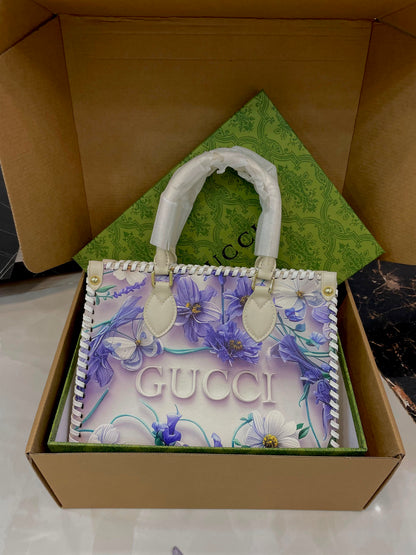 G-U-C-C-I Floral Lavender Tote Bag – Premium Quality Women Bag | Double Box | Blue & White