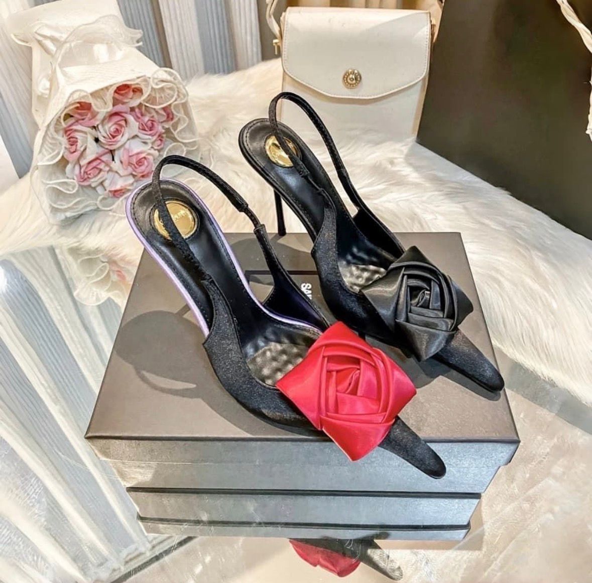 Y-S-L SAINT LAURENT Amalia Slingback Pumps – 4.3" Heel | Premium Quality Luxury Women Footwear (Black Design A)