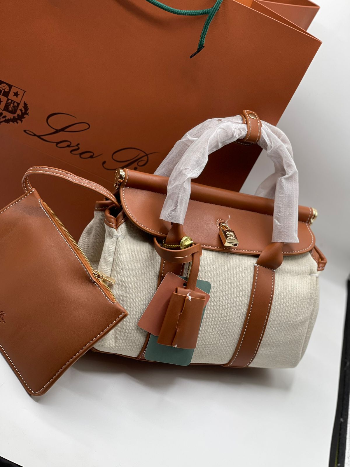 L-O-R-O P-I-A-N-A Loom Bag L32 – Premium Leather & Canvas Women Bag (Brown Off White)