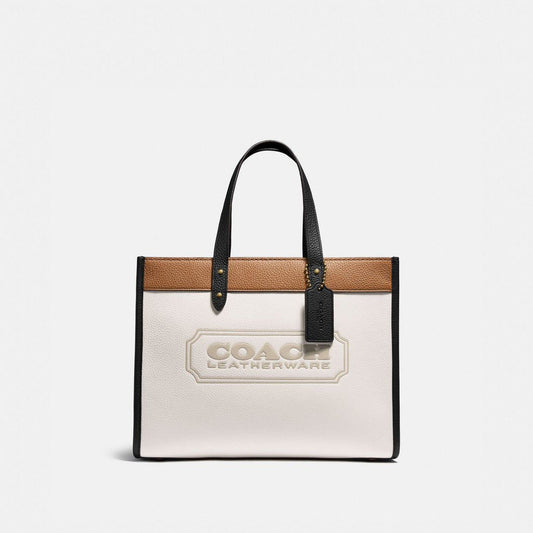 C-O-A-C-H FIELD TOTE 30 COLORBLOCK WITH BADGE – Women Bag (White with Brown)