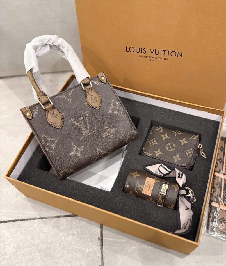 LOUIS VUITTON Women Bag – 3 PCS Set | Handbag, Card Holder & Coin Pouch (Brown)