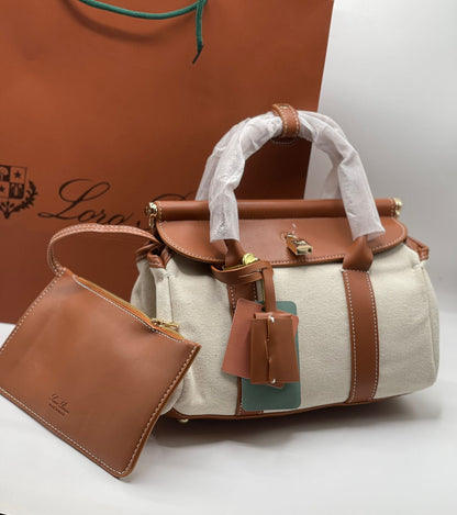 L-O-R-O P-I-A-N-A Loom Bag L32 – Premium Leather & Canvas Women Bag (Brown Off White)