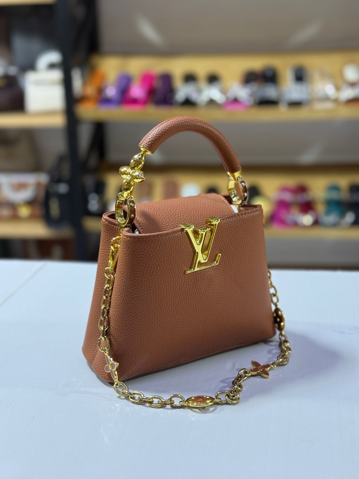 L-O-U-I-S V-U-I-T-T-O-N Capucines Mini – Premium Women Mini Bag with Chain Strap (Brown)