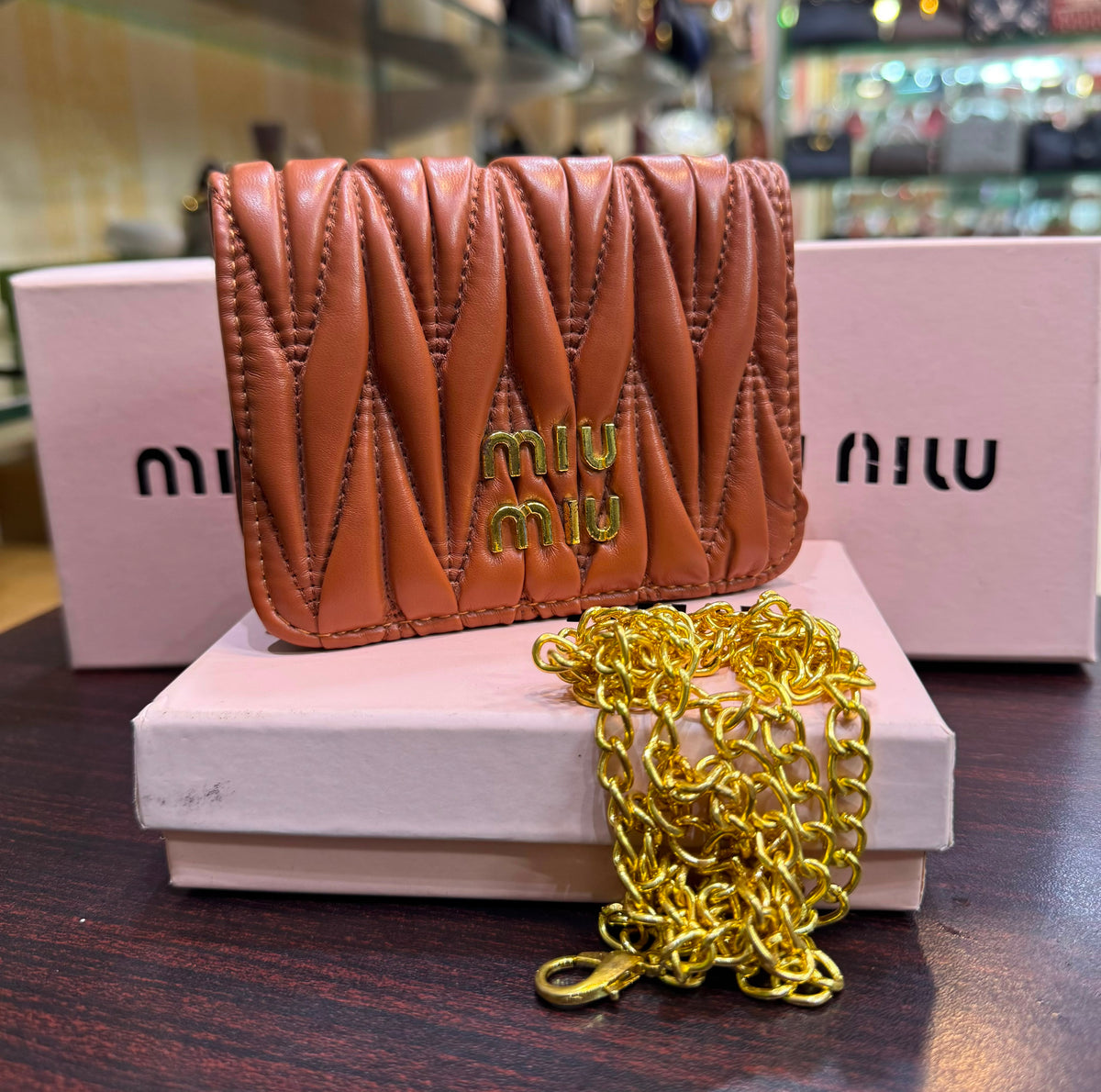 M-I-U M-I-U Morgan Card Case On A Chain – Luxury Women Bag (Brown)