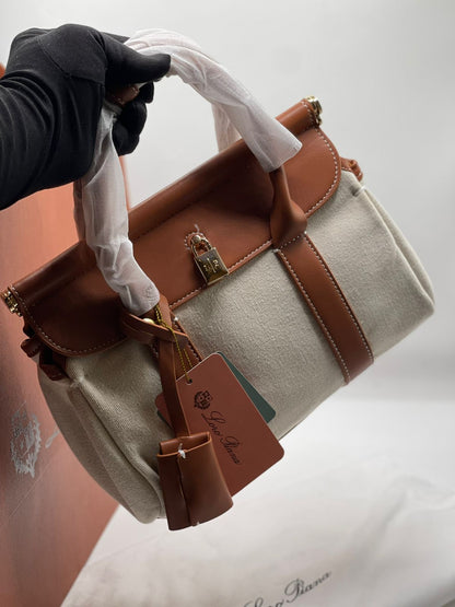 L-O-R-O P-I-A-N-A Loom Bag L32 – Premium Leather & Canvas Women Bag (Brown Off White)