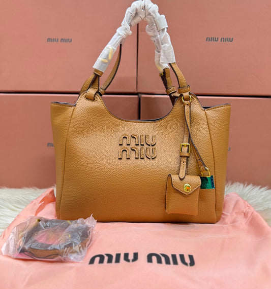 M-I-U M-I-U Leather Bag – Calfskin Travertine/Periwinkle | Gold-Tone Hardware (Brown)