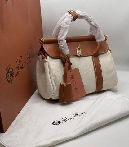 L-O-R-O P-I-A-N-A Loom Bag L32 – Premium Leather & Canvas Women Bag (Brown Off White)