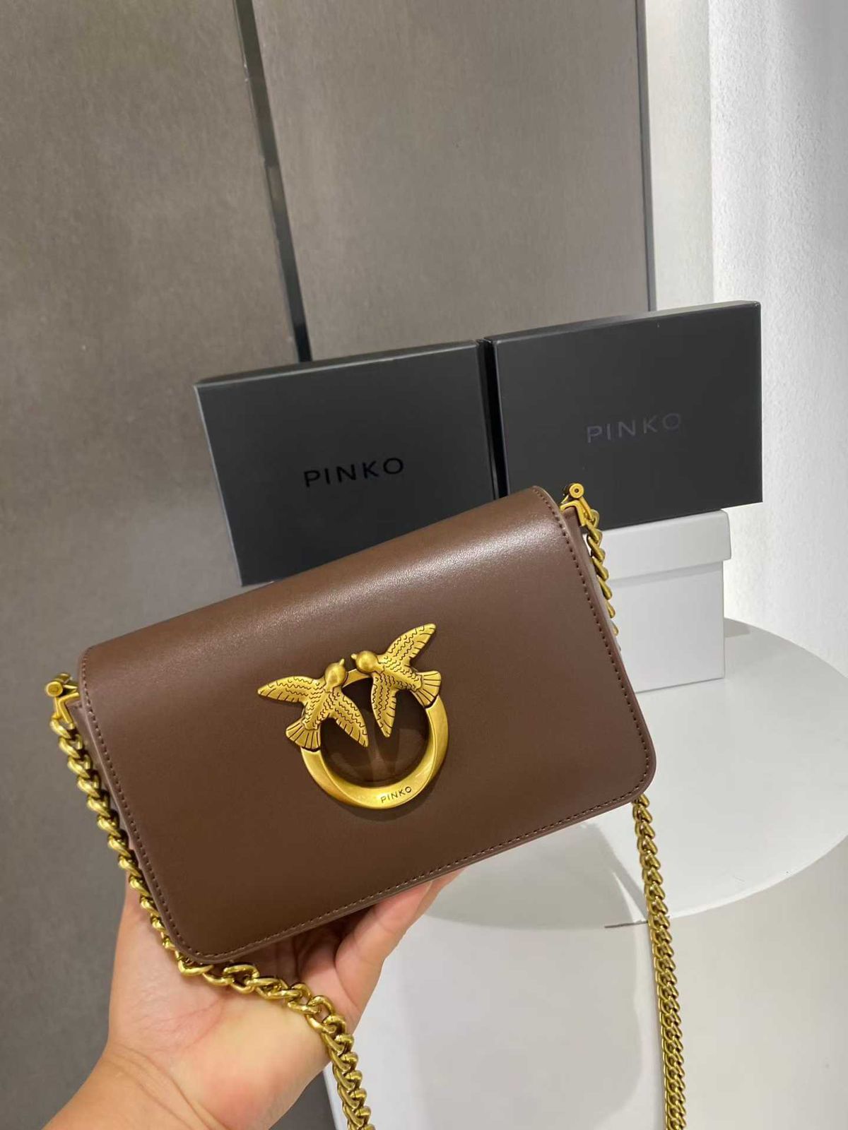 PINKO LOVE CLICK MICRO – Women Bag | Calfskin Silk Leather Shoulder Bag (Brown)