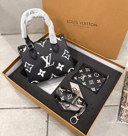 LOUIS VUITTON Women Bag – 3 PCS Set | Handbag, Card Holder & Coin Pouch (Black & White)