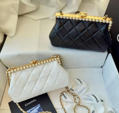 C-H-A-N-E-L Clutch in Pearly Lambskin – Quilted Luxury Women Bag (White)
