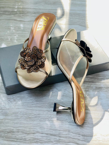 Z-A-R-A Flower Heels – New Arrival | Premium Quality | With Brand Box (Copper Brown)