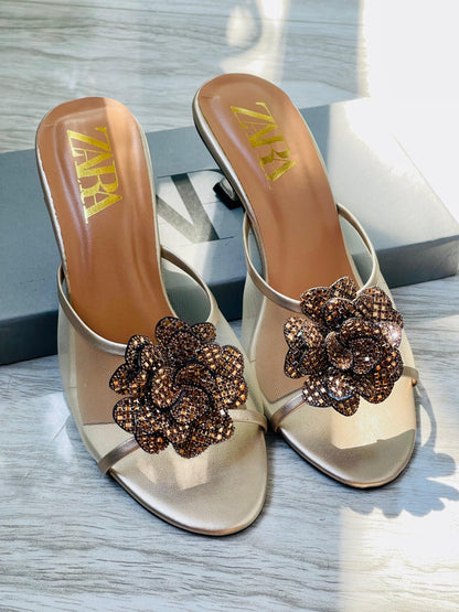 Z-A-R-A Flower Heels – New Arrival | Premium Quality | With Brand Box (Copper Brown)