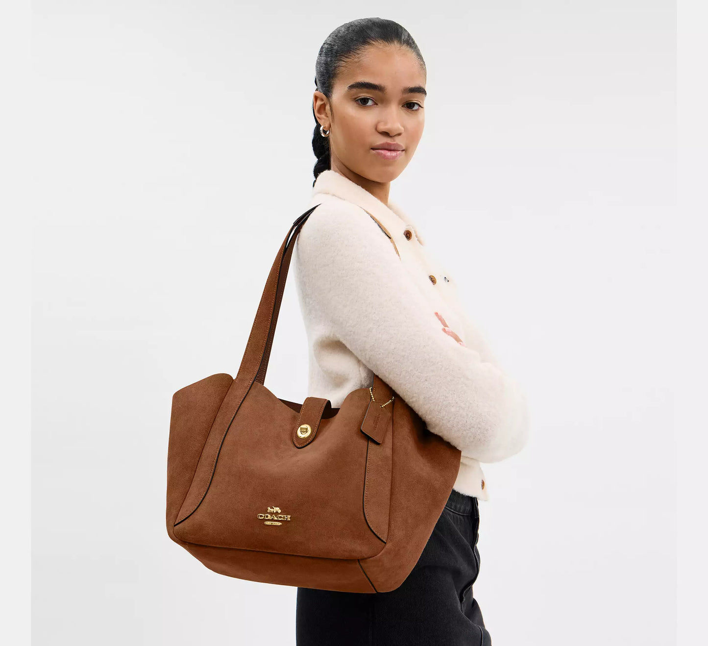 C-O-A-C-H Hadley Turnlock Tote – Elegant Luxe Women Bag (Brown Suede)
