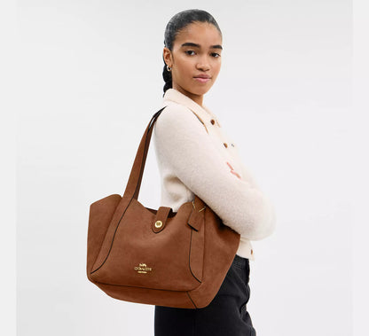 C-O-A-C-H Hadley Turnlock Tote – Elegant Luxe Women Bag (Brown Suede)