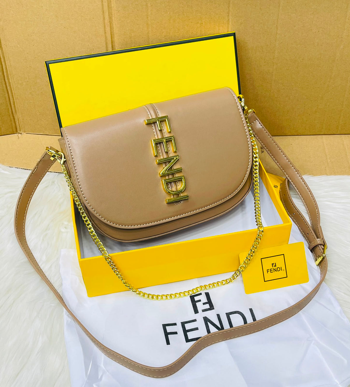 F-E-N-D-I Fendigraphy Wallet on Chain – Premium Quality Women Bag (Coffee Beige)