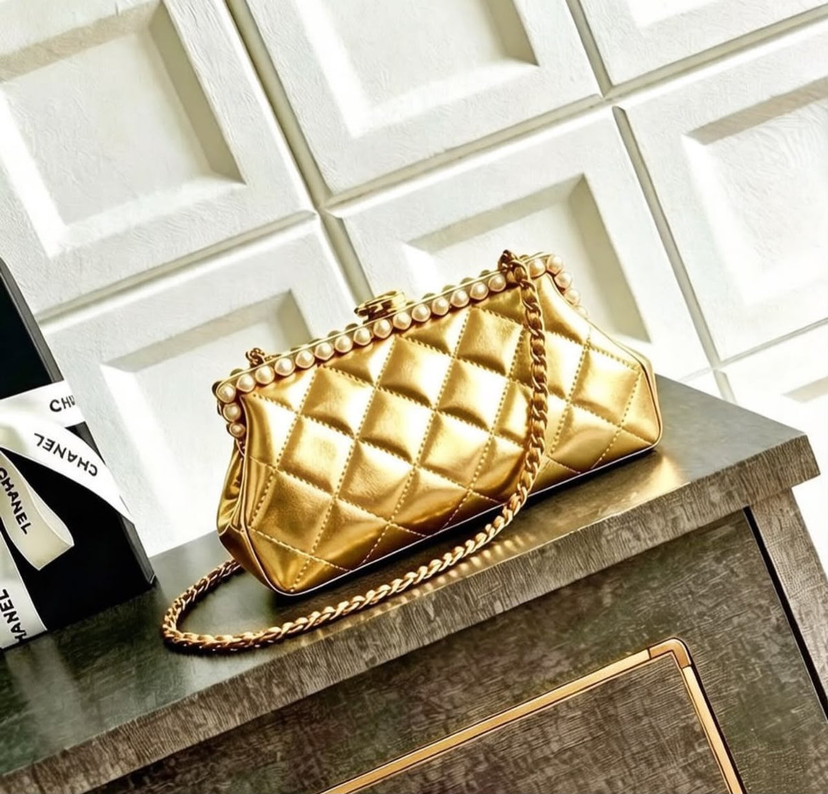 C-H-A-N-E-L Clutch in Pearly Lambskin – Quilted Luxury Women Bag (Golden)