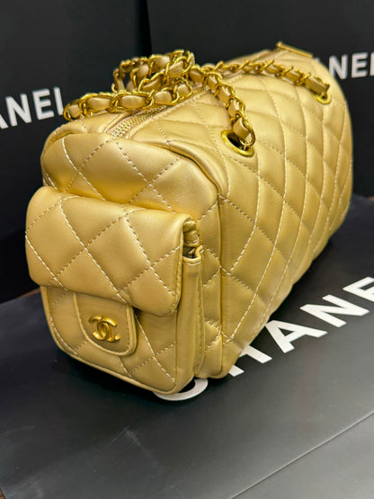 C-H-A-N-E-L Preppy Coco Bowling Bag – Premium Leather Women Bag (Golden)