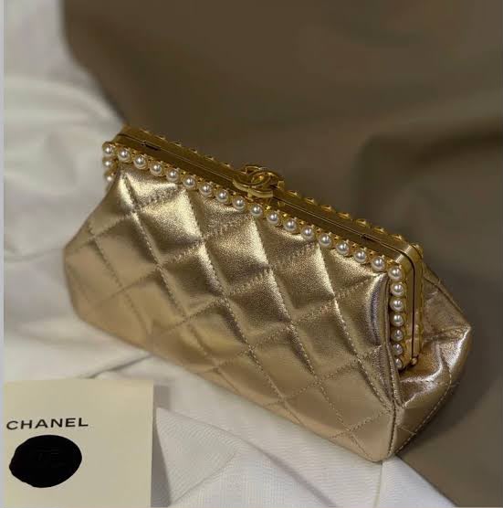 C-H-A-N-E-L Clutch in Pearly Lambskin – Quilted Luxury Women Bag (Golden)
