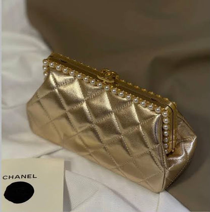 C-H-A-N-E-L Clutch in Pearly Lambskin – Quilted Luxury Women Bag (Golden)