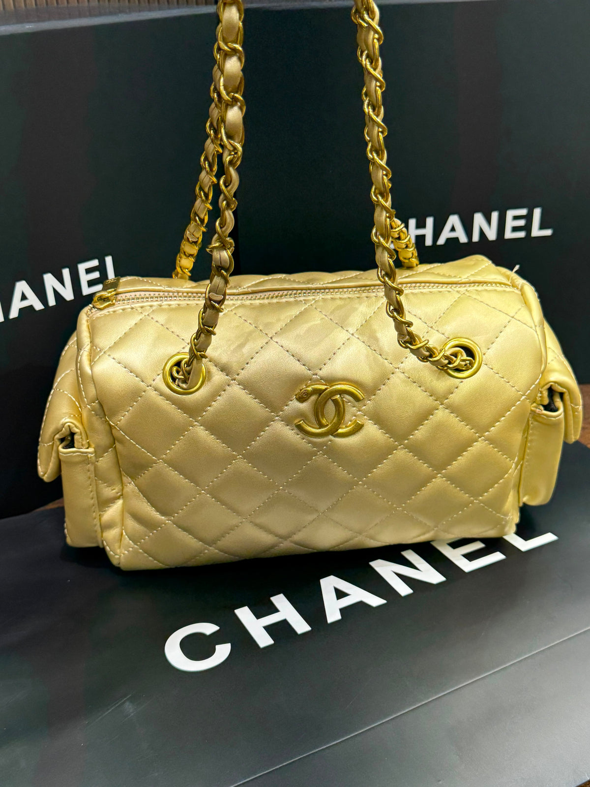 C-H-A-N-E-L Preppy Coco Bowling Bag – Premium Leather Women Bag (Golden)