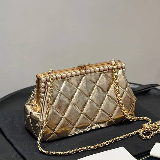 C-H-A-N-E-L Clutch in Pearly Lambskin – Quilted Luxury Women Bag (Golden)