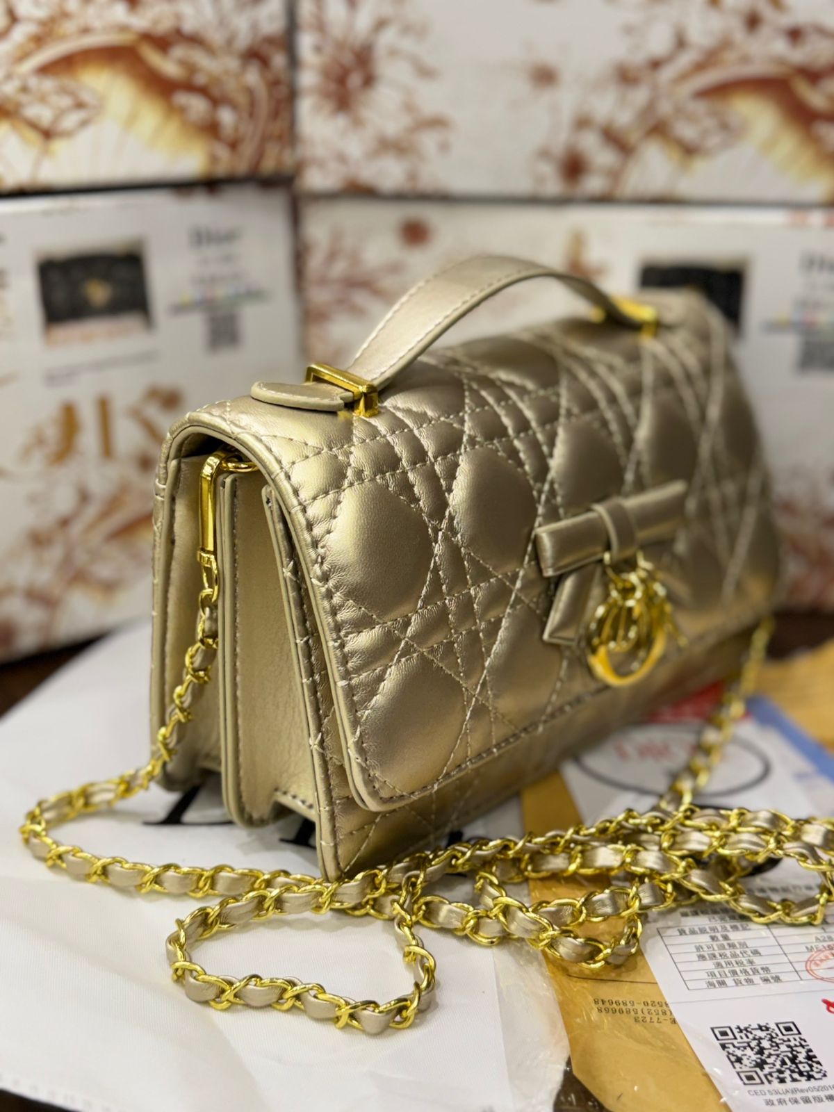 D-I-O-R My Dior Mini Bag – Elegant Luxury Women Bag with Removable Chain (Gold)