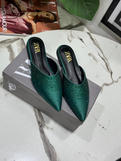ZARA STONE FLAT – Women Rhinestone Slippers (Green)