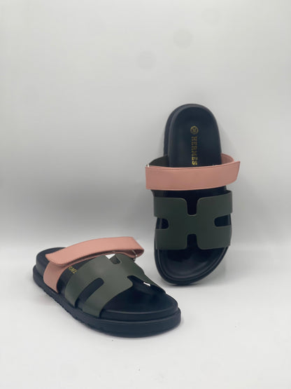 H-E-R-M-E-S Two Tone Slippers – Premium Women Flat Slippers (Green with Black)