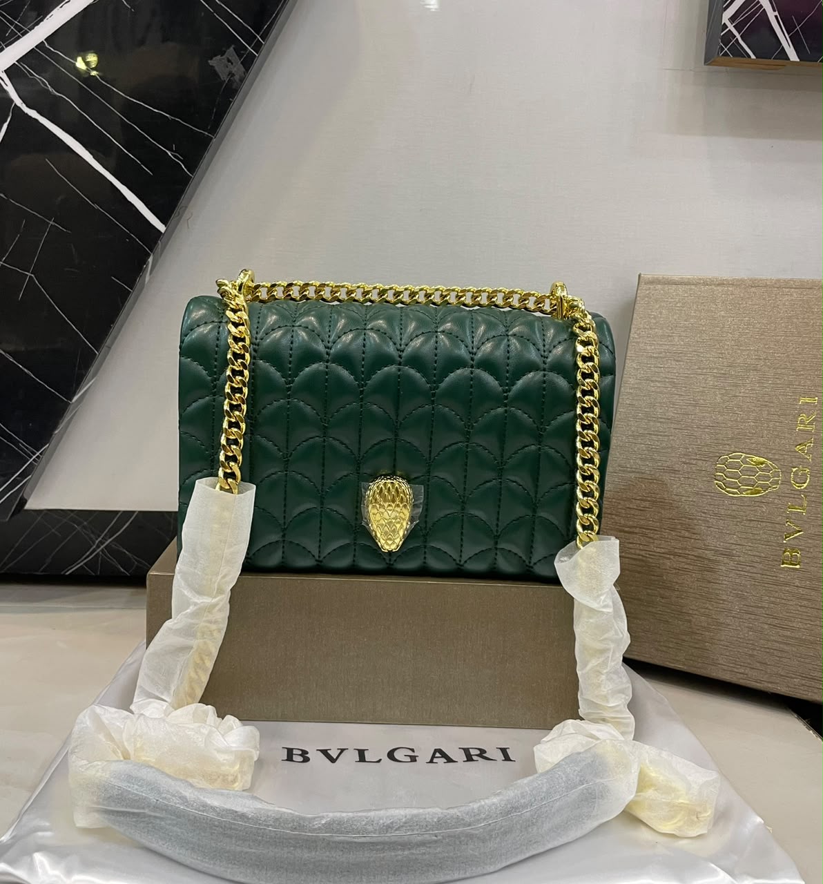 B-V-L-G-A-R-I Serpenti Sugarloaf Quilted Shoulder Bag – Master Quality | Box Packaging | Green