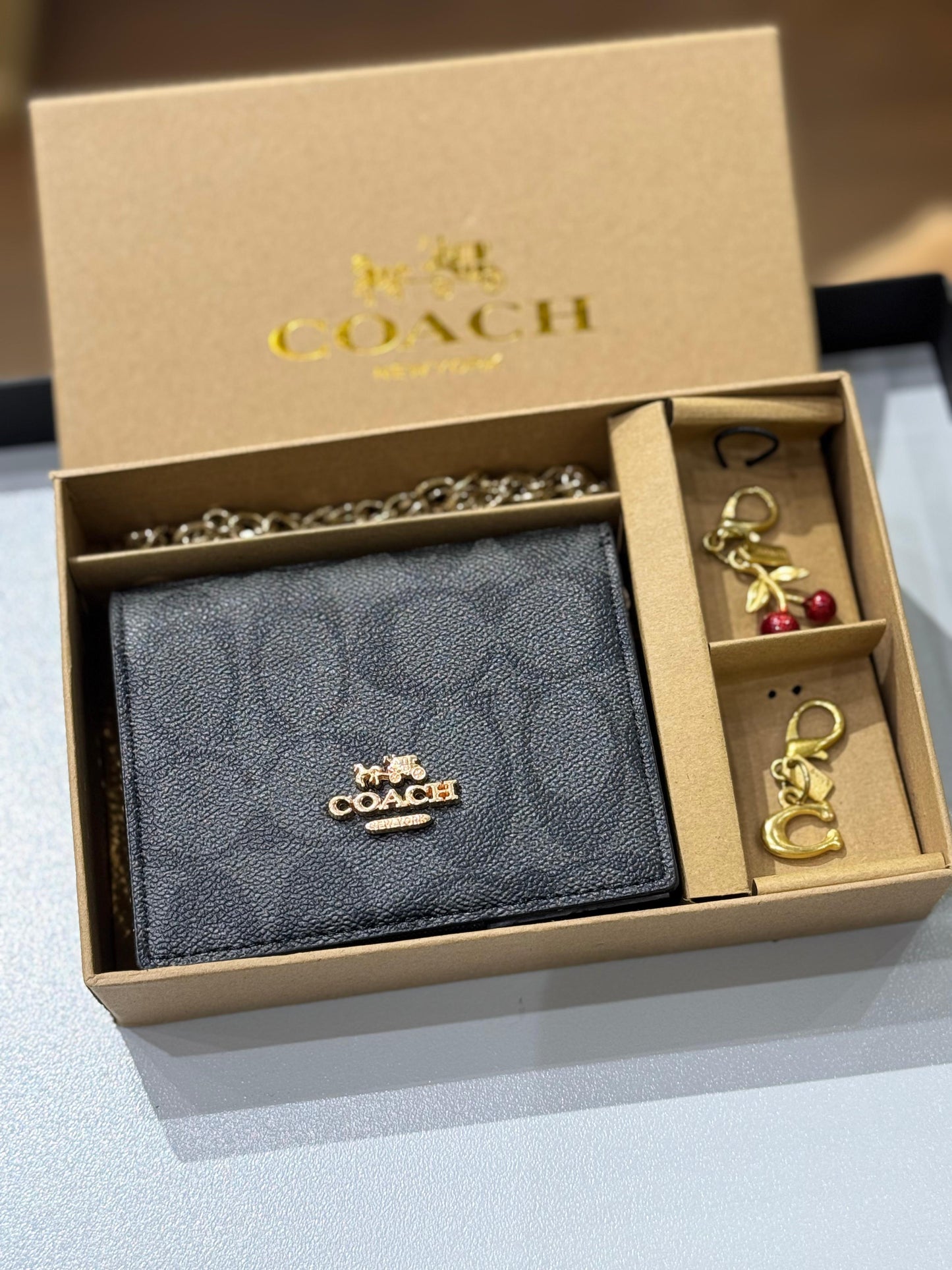 C-O-A-C-H BOXED MINI WALLET ON A CHAIN – Women Bag (Black Grey)