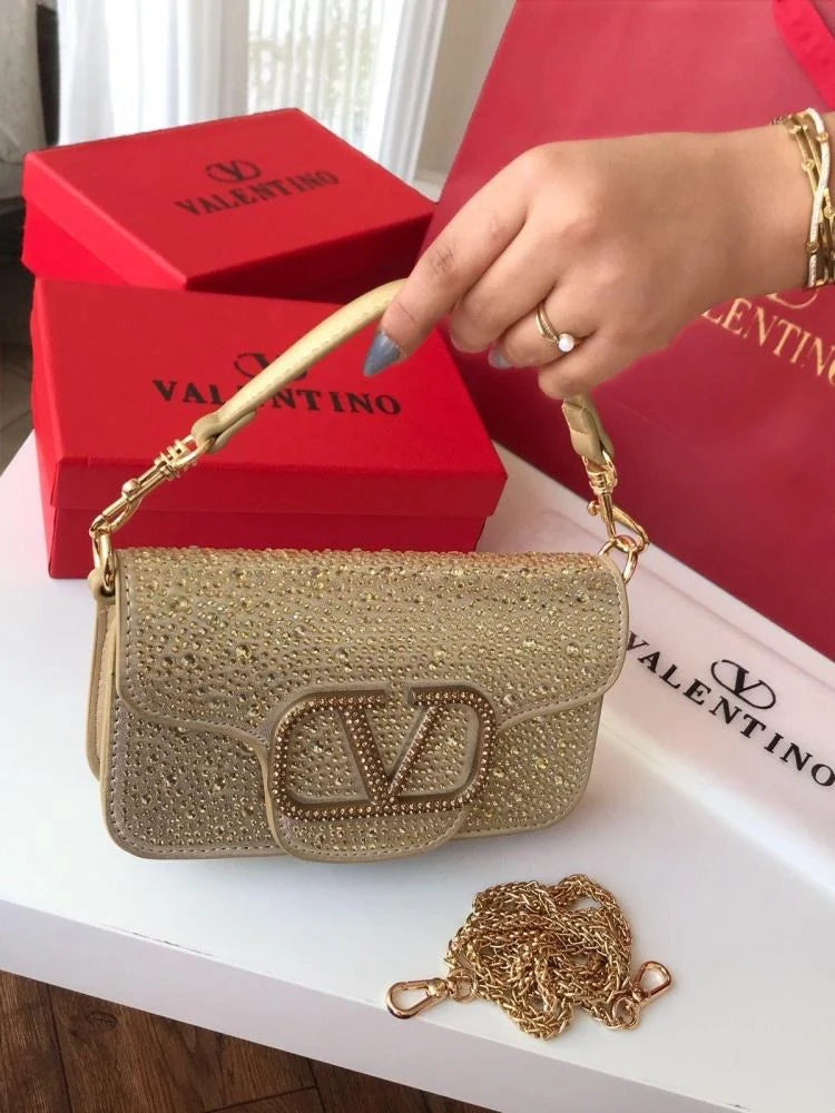 V-A-L-E-N-T-I-N-O G-A-R-A-V-A-N-I Locò-Style Shoulder Bag – Crystal Embellished | Master Quality | Golden