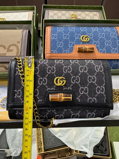 G-U-C-C-I DIANA BAMBOO GG ON CHAIN DENIM – Women Bag (Blue with Brown)