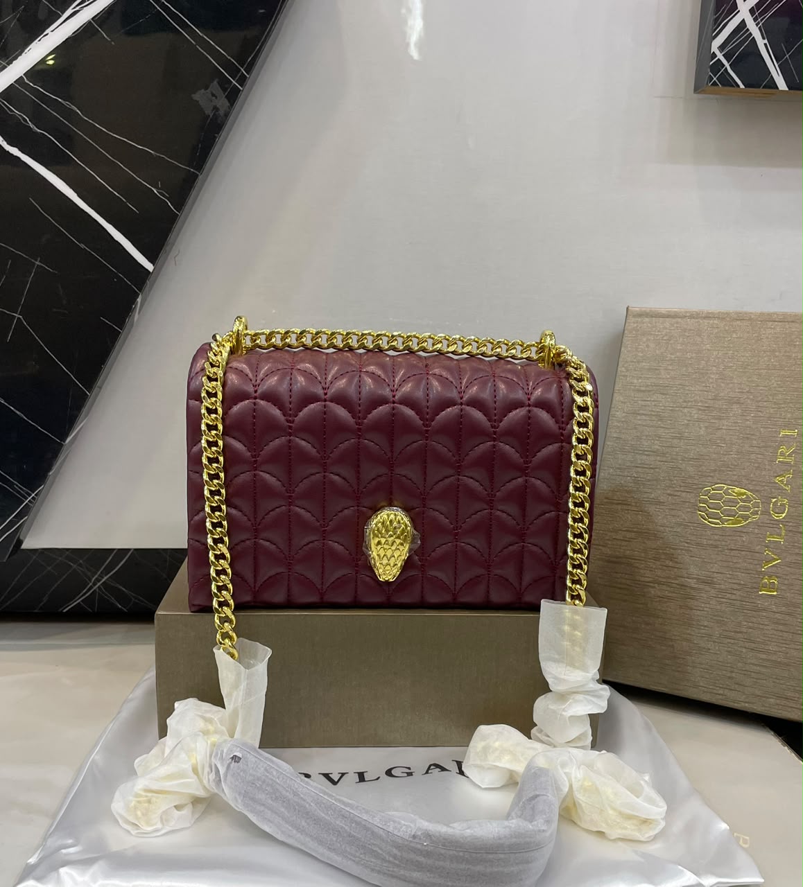 B-V-L-G-A-R-I Serpenti Sugarloaf Quilted Shoulder Bag – Master Quality | Box Packaging | Maroon