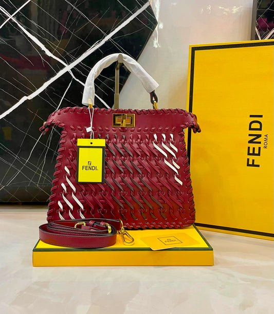 F-E-N-D-I R-O-M-A Peekaboo ISeeU Interwoven Bag – Premium Quality Women Bag | Magnetic Box | Maroon with Mix Colors