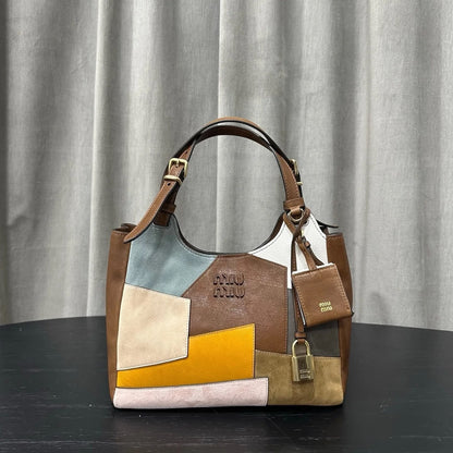 M-I-U M-I-U Leather Bag – Calfskin Travertine/Periwinkle | Gold-Tone Hardware (Brown with Multi Color Design)