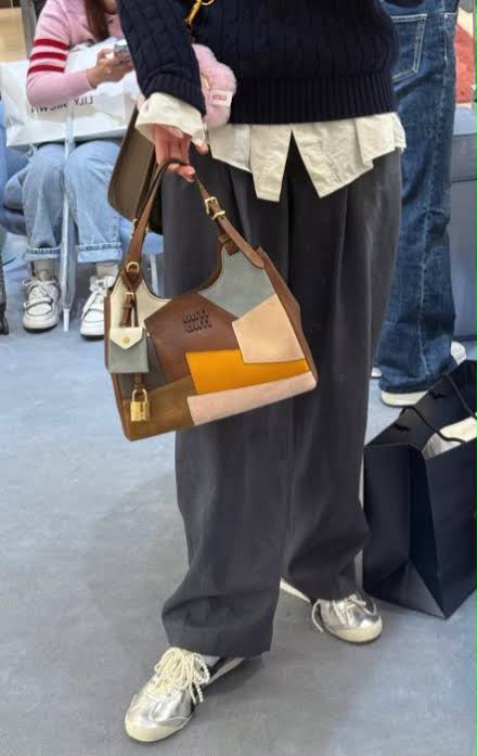 M-I-U M-I-U Leather Bag – Calfskin Travertine/Periwinkle | Gold-Tone Hardware (Brown with Multi Color Design)