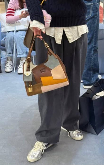 M-I-U M-I-U Leather Bag – Calfskin Travertine/Periwinkle | Gold-Tone Hardware (Brown with Multi Color Design)